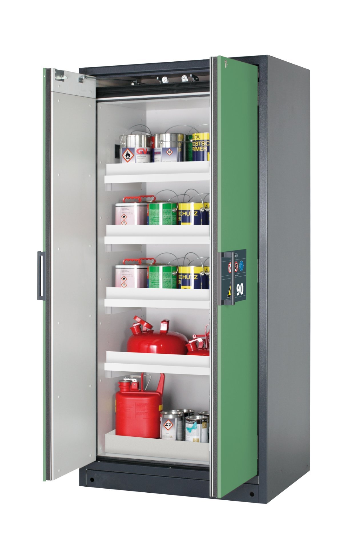 Sicherheitsschrank Q90.195.090 in Anthrazitgrau, Flügeltüren in Resedagrün, 4x Wannenboden (Polypropylen) Produktbild img1 L