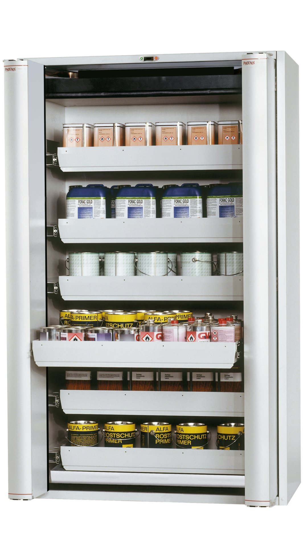 asecos Sicherheitsschrank S90.196.120.FDAO in Lichtgrau, automatische Falttüren, 6x Auszugswanne (Stahlblech) Produktbild img1 L