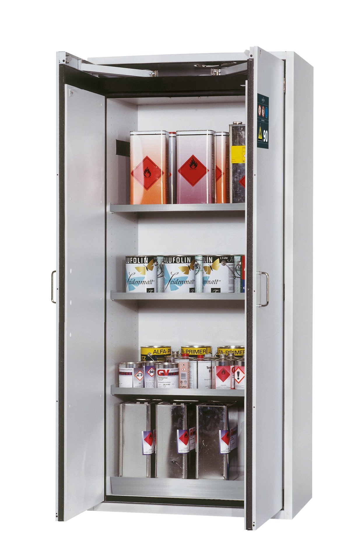 asecos Sicherheitsschrank S90.196.090.WDAS in Lichtgrau, 3x Fachboden und Lochblech (Edelstahl) Produktbild img1 L