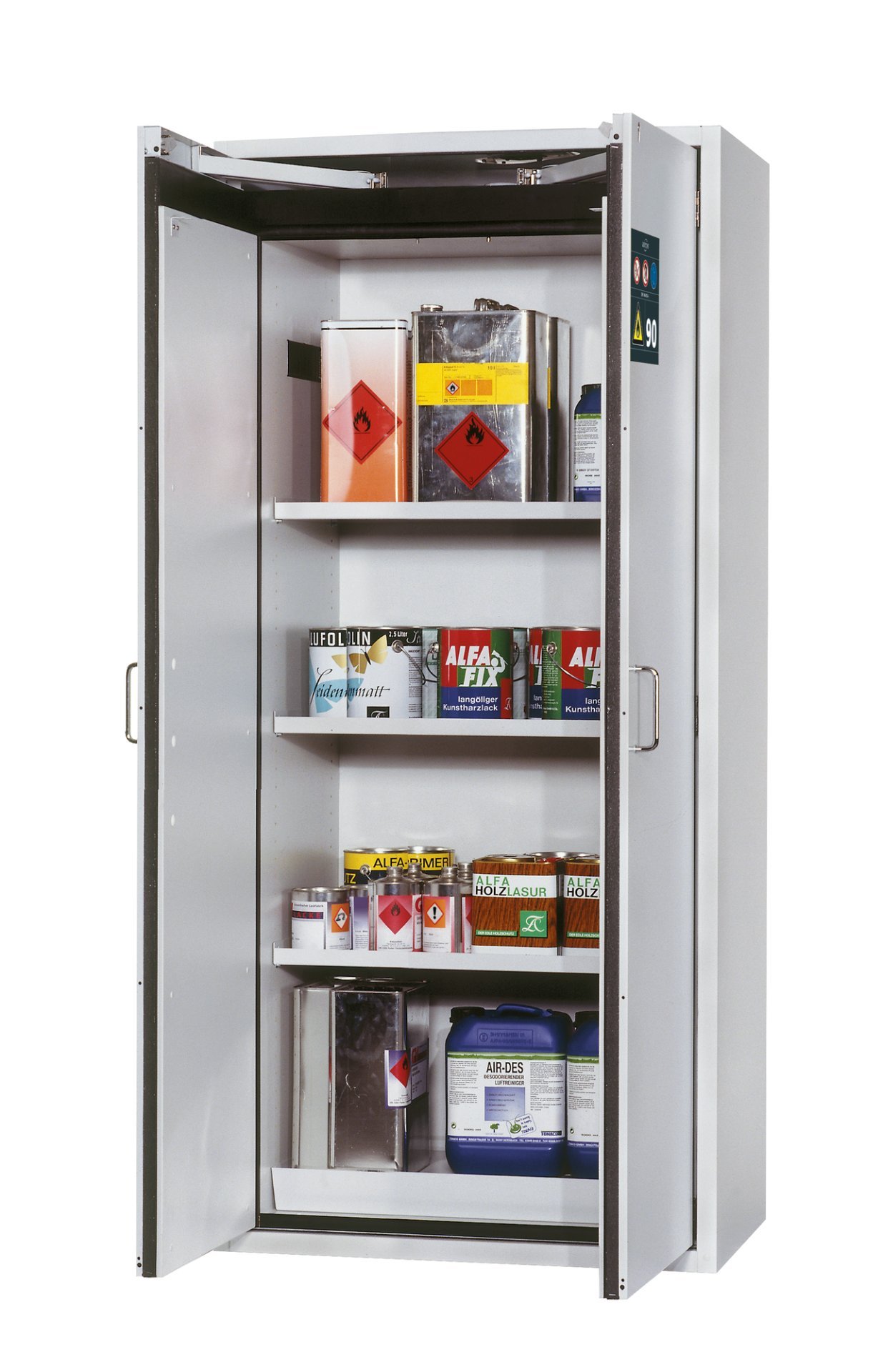asecos Sicherheitsschrank S90.196.090.WDAS in Lichtgrau, 3x Fachboden und Lochblech (Stahlblech) Produktbild img1 L