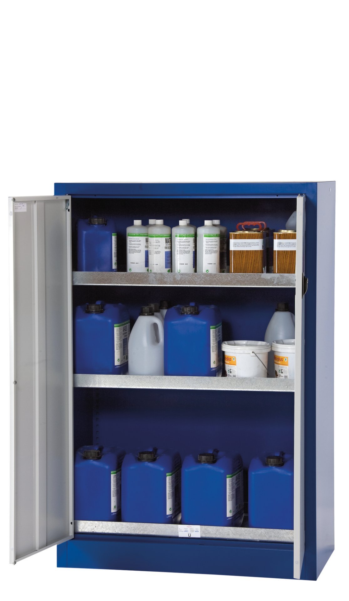 asecos Umweltschrank E.140.095 in Enzianblau, Flügeltüren in Lichtgrau, 2x Wannenboden (Stahlblech) Produktbild img1 L