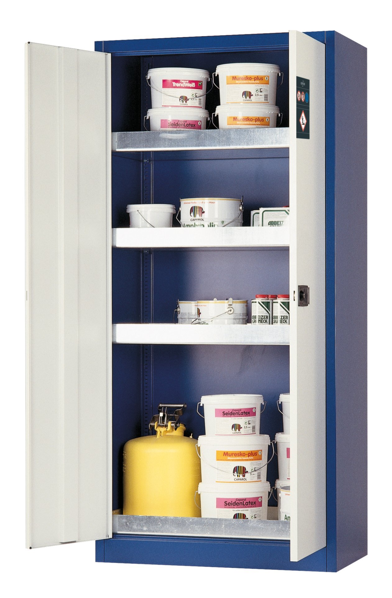 asecos Umweltschrank E.195.095 in Enzianblau, Flügeltüren in Lichtgrau, 3x Wannenboden (Stahlblech) Produktbild img1 L