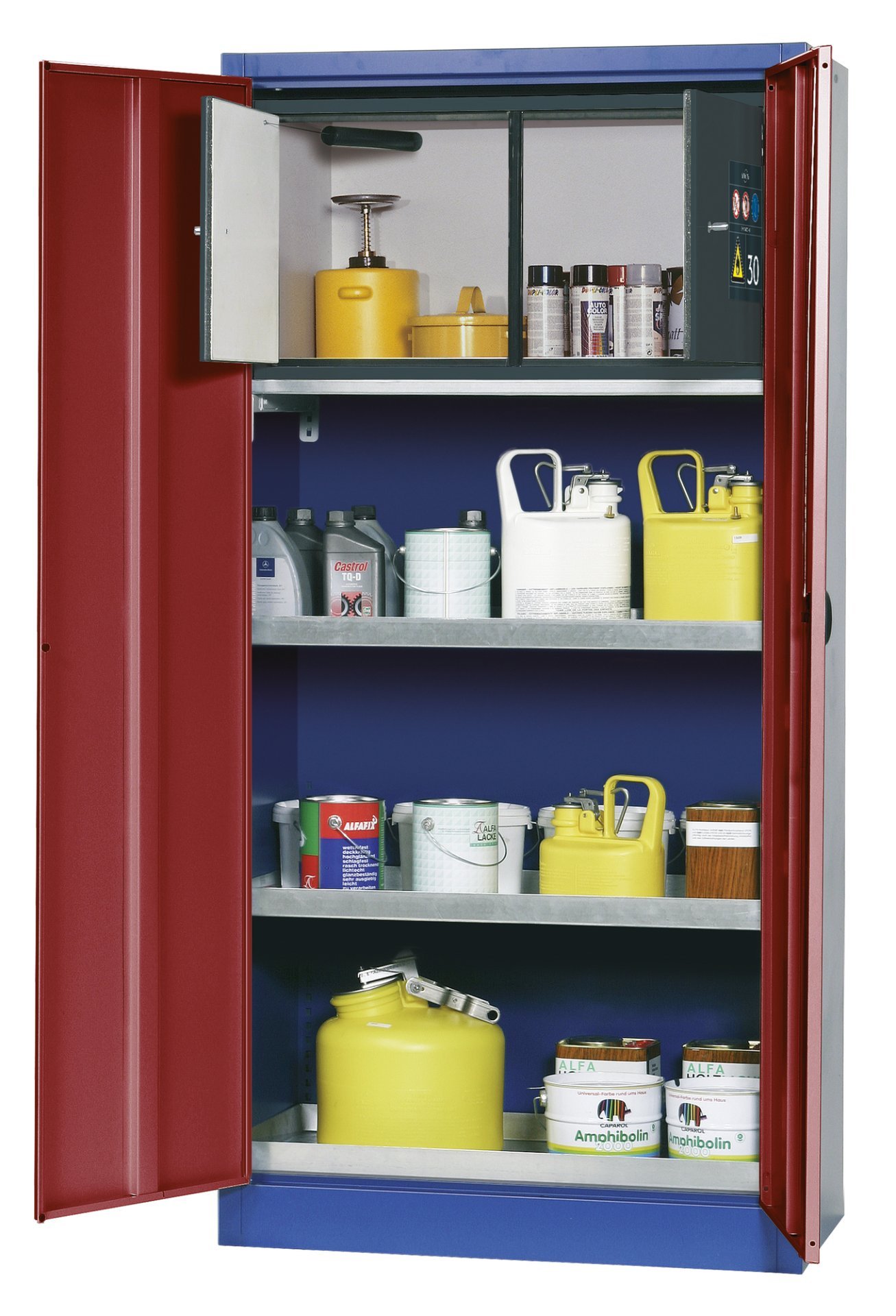 asecos Umweltschrank E.195.095.F in Enzianblau, Flügeltüren in Rubinrot, 2x Wannenboden (Stahlblech), Typ-30-Sicherheitsbox Produktbild img1 L