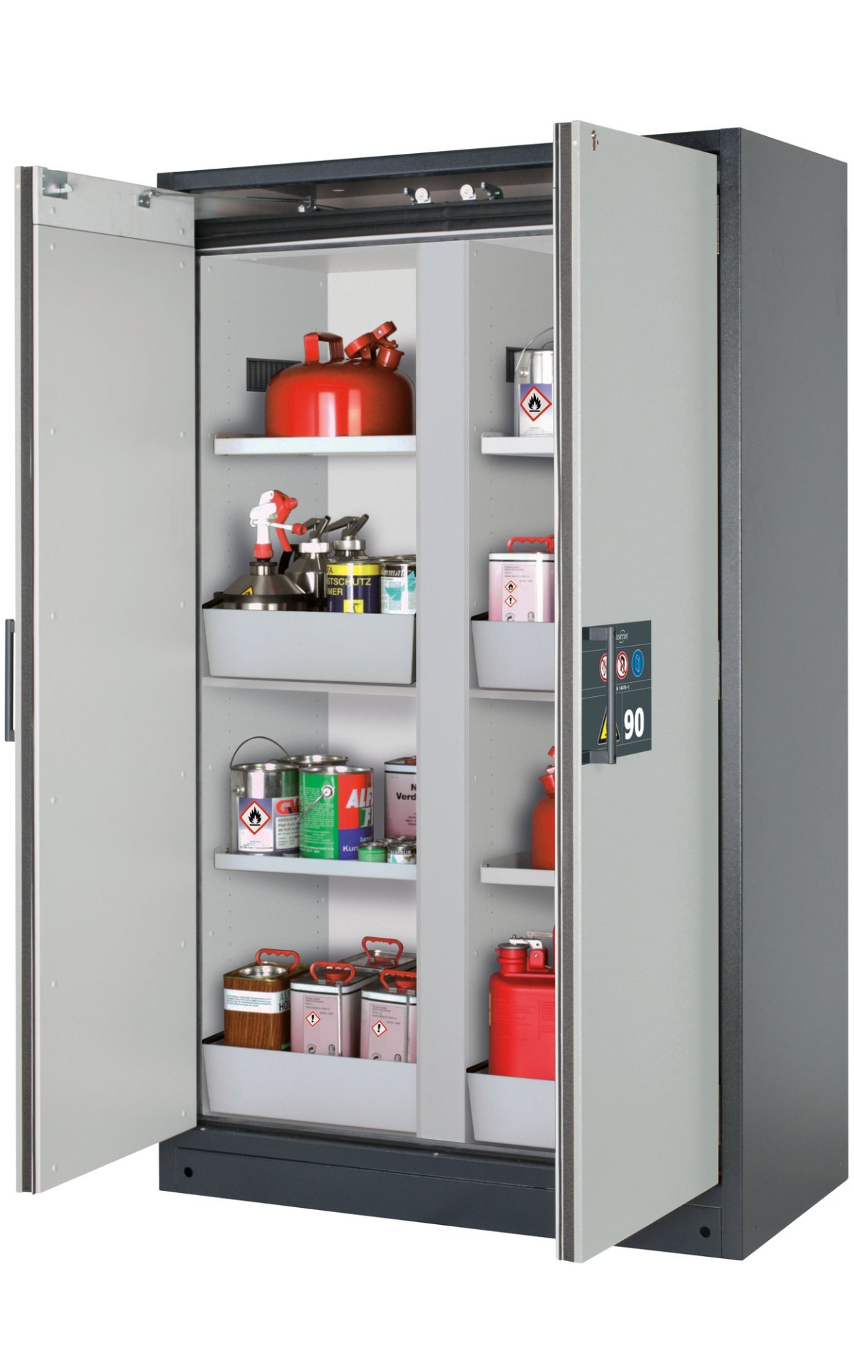 asecos Sicherheitsschrank Q90.195.120.MM in Anthrazitgrau, Flügeltüren in Lichtgrau, 4x Fachboden und Lochblech (Stahlblech) Produktbild img1 L