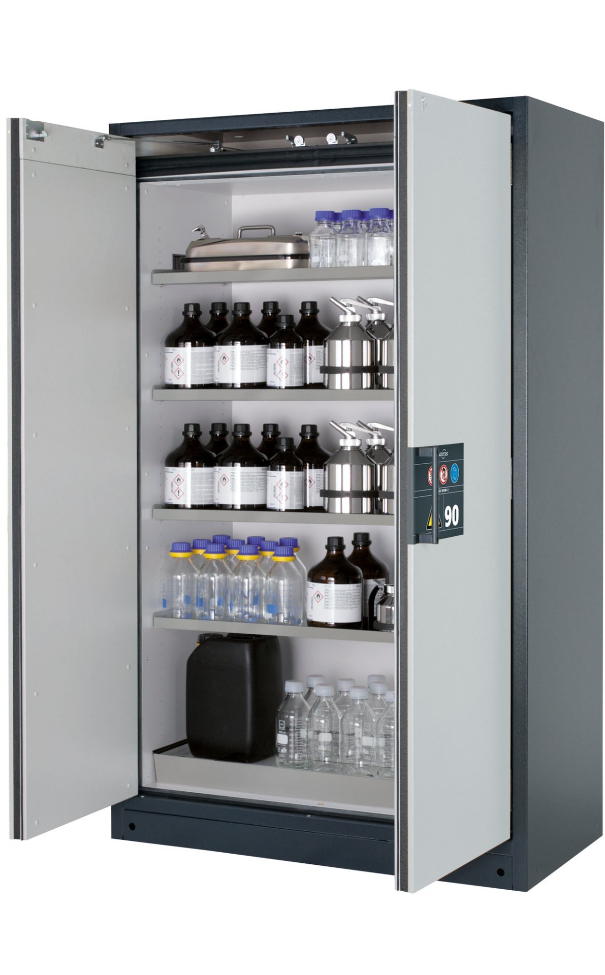 Sicherheitsschrank Q90.195.120 in Anthrazitgrau, Flügeltüren in Lichtgrau, 4x Fachboden und Lochblech (Edelstahl) Produktbild img1 L