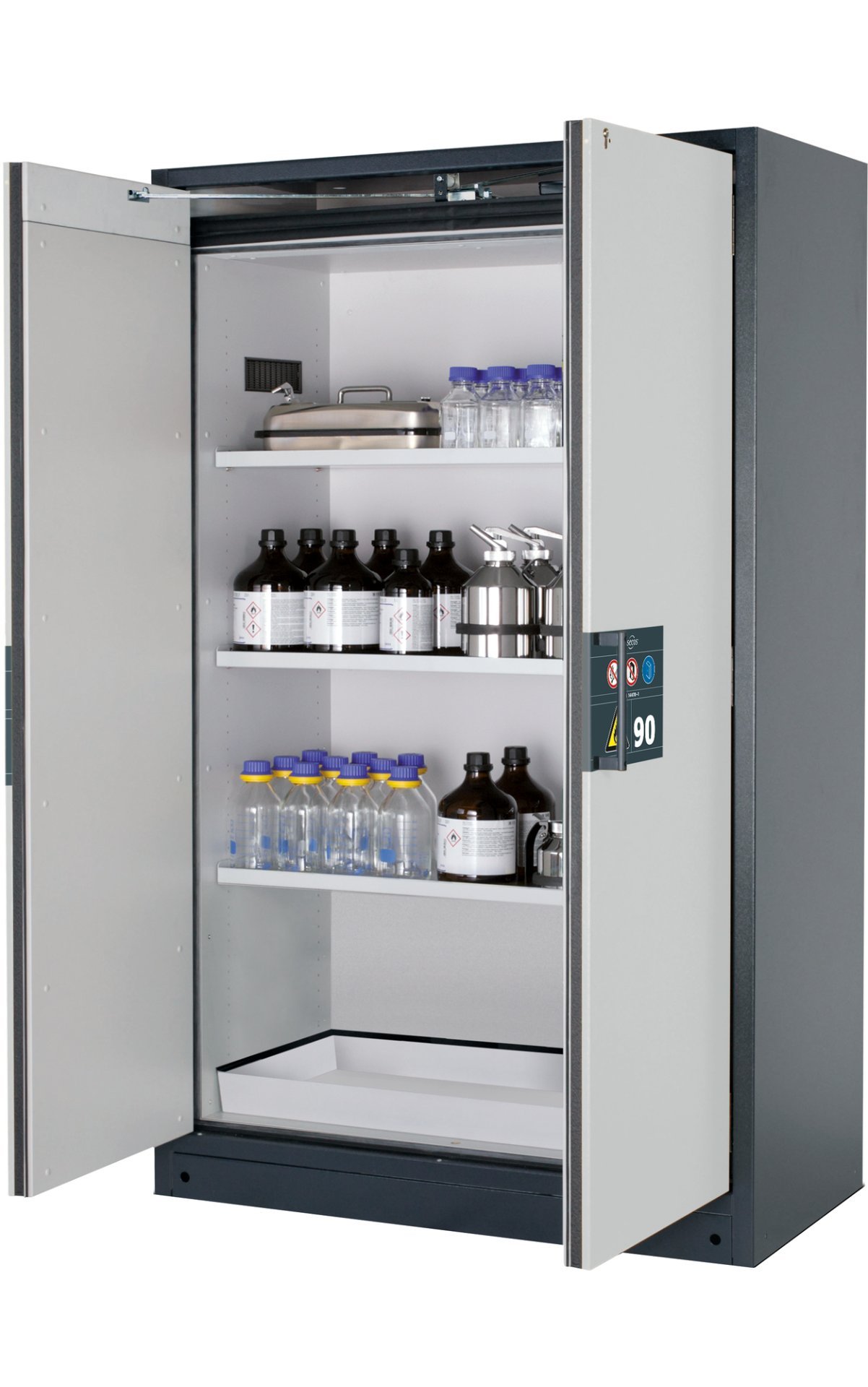 asecos Sicherheitsschrank Q90.195.120.WDAC in Anthrazitgrau, Flügeltüren in Lichtgrau, 3x Fachboden (Stahlblech) Produktbild img1 L