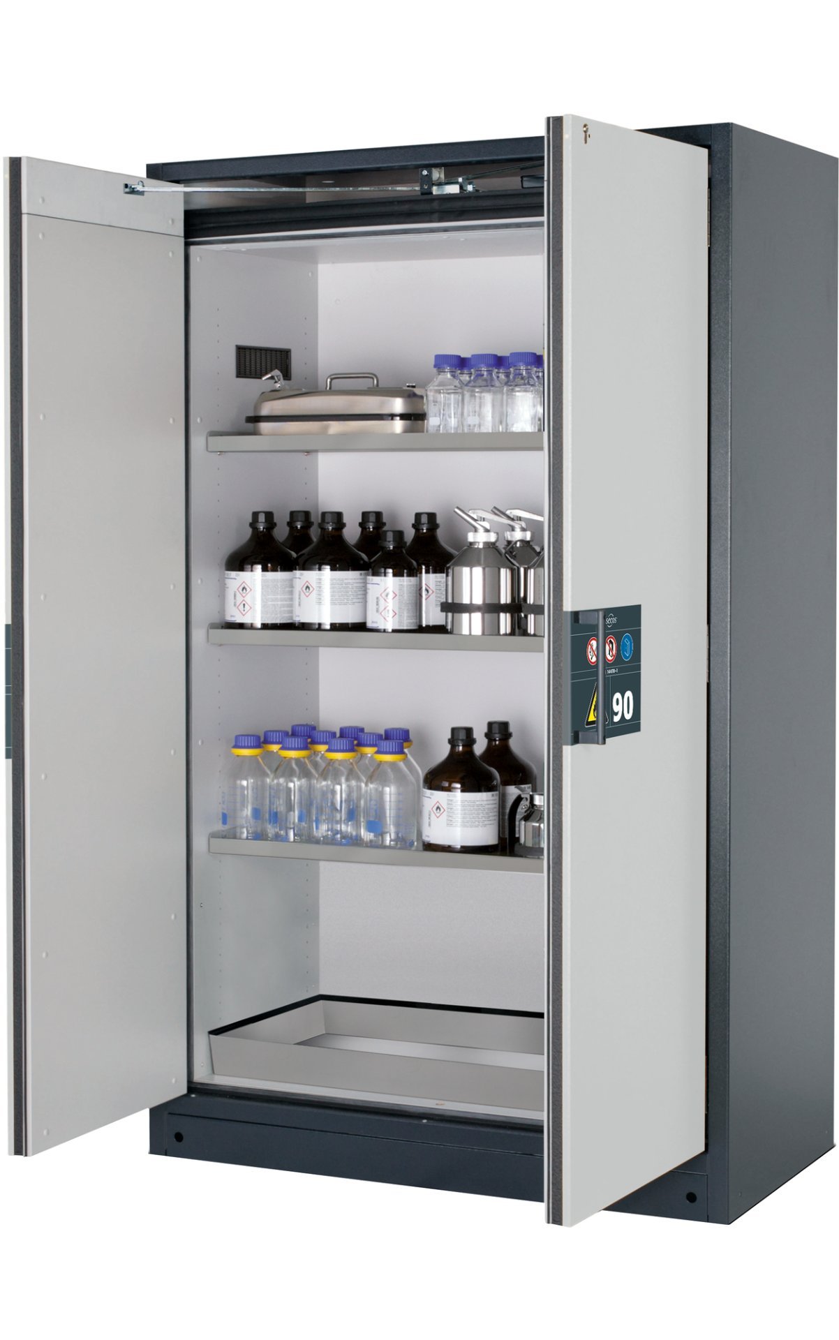 asecos Sicherheitsschrank Q90.195.120.WDAC in Anthrazitgrau, Flügeltüren in Lichtgrau, 3x Fachboden (Edelstahl) Produktbild img1 L
