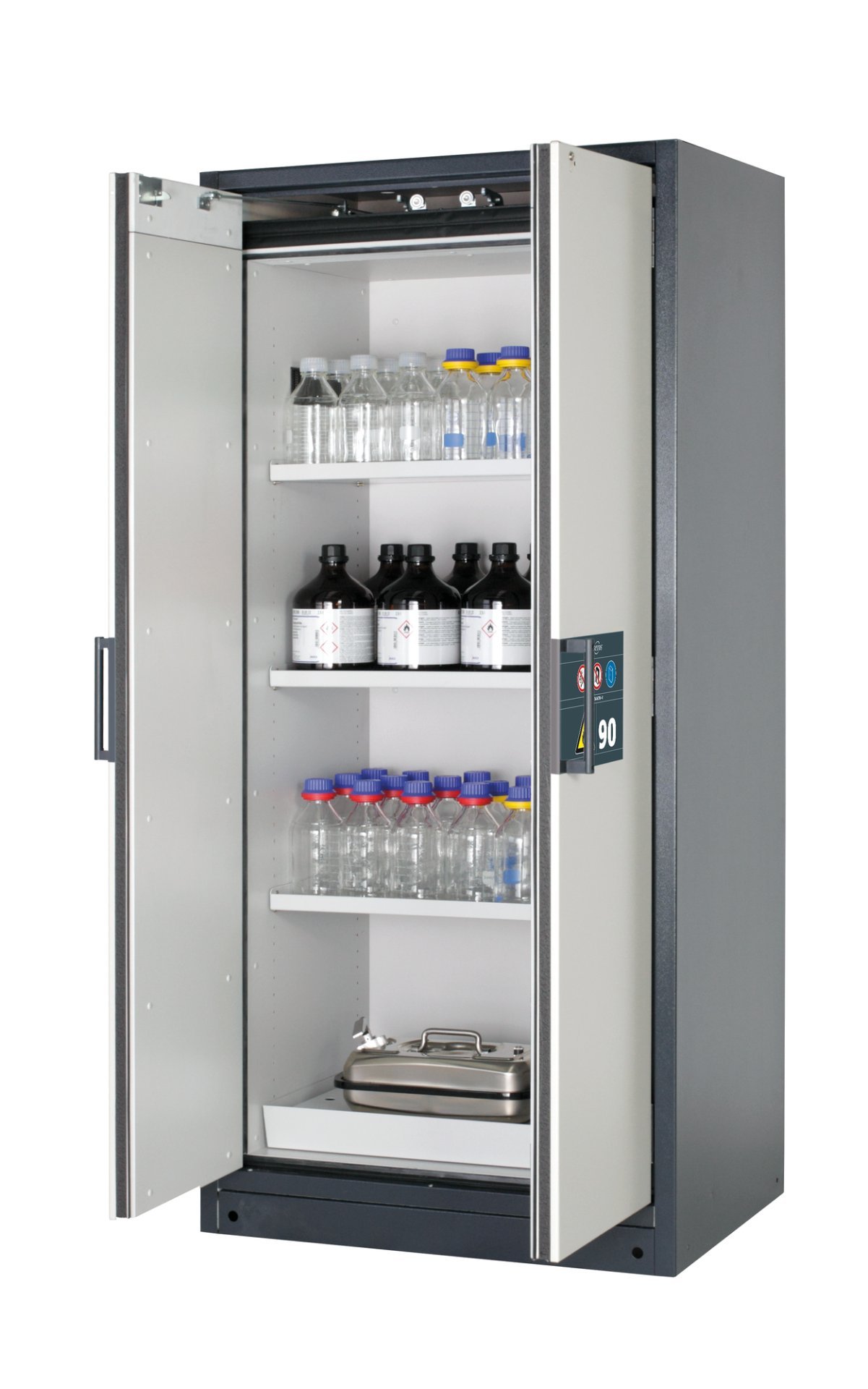 asecos Sicherheitsschrank Q90.195.090 in Anthrazitgrau, Flügeltüren in Lichtgrau, 3x Fachboden und Lochblech (Stahlblech) Produktbild img1 L