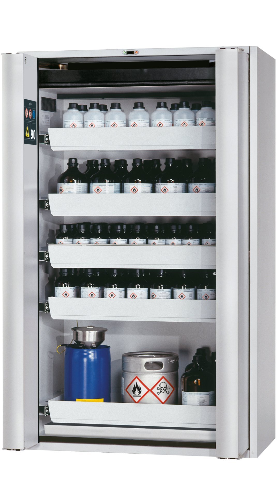 asecos Sicherheitsschrank S90.196.120.FDAO in Lichtgrau, automatische Falttüren, 5x Auszugswanne (Stahlblech) Produktbild img1 L