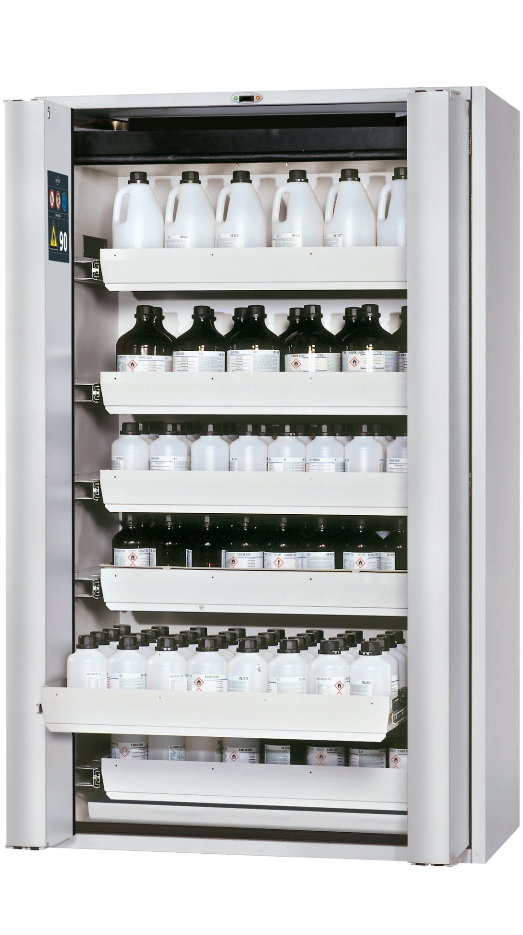 asecos Sicherheitsschrank S90.196.120.FDAO in Lichtgrau, automatische Falttüren, 6x Auszugswanne (Edelstahl) Produktbild img1 L