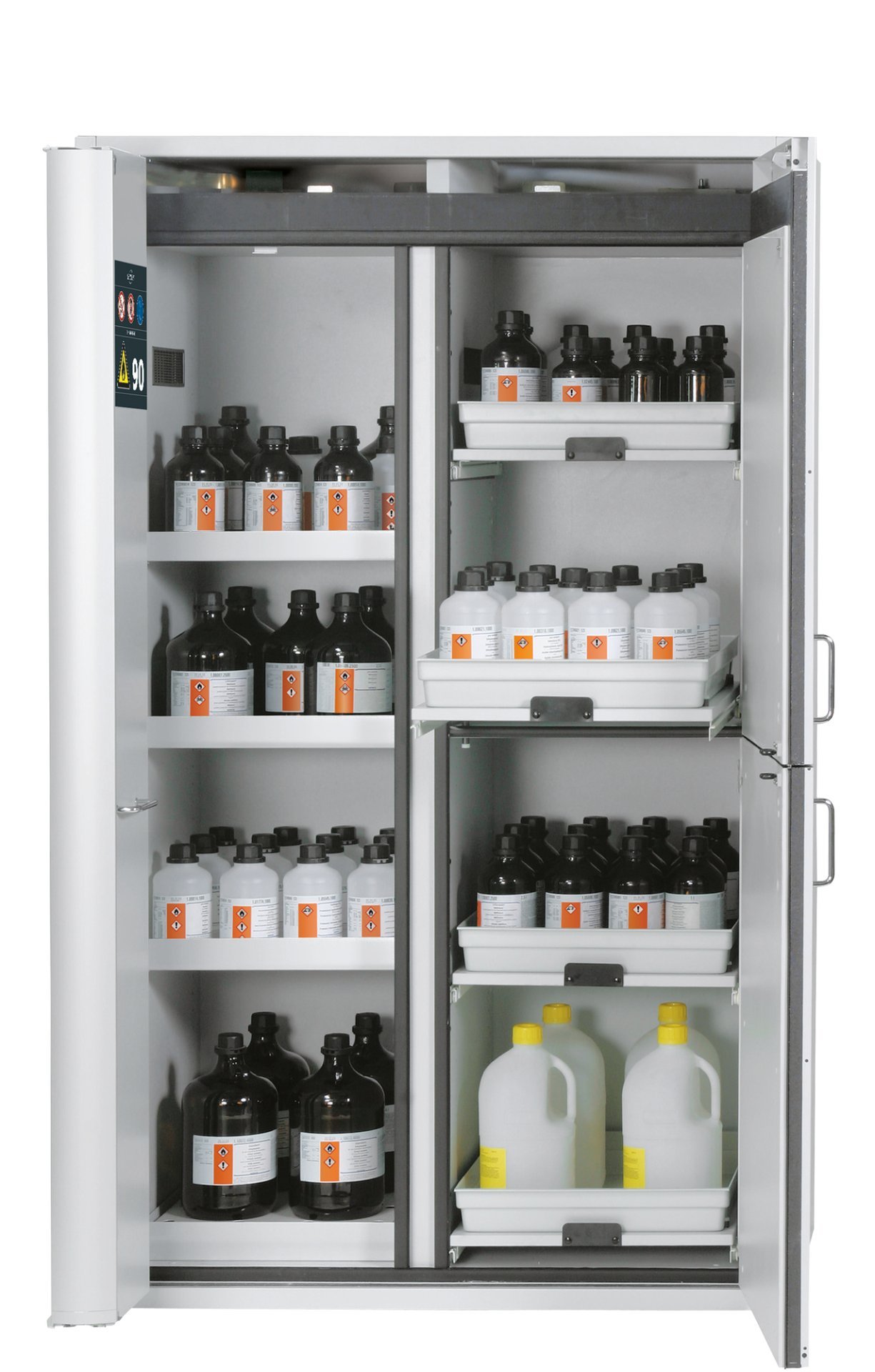 asecos Kombi-Sicherheitsschrank K90.196.120.MF.FWAC in Lichtgrau, Flügel- und Falttür, 3x Fachboden und Lochblech (Stahlblech), 4x Tablarauszug Produktbild img1 L
