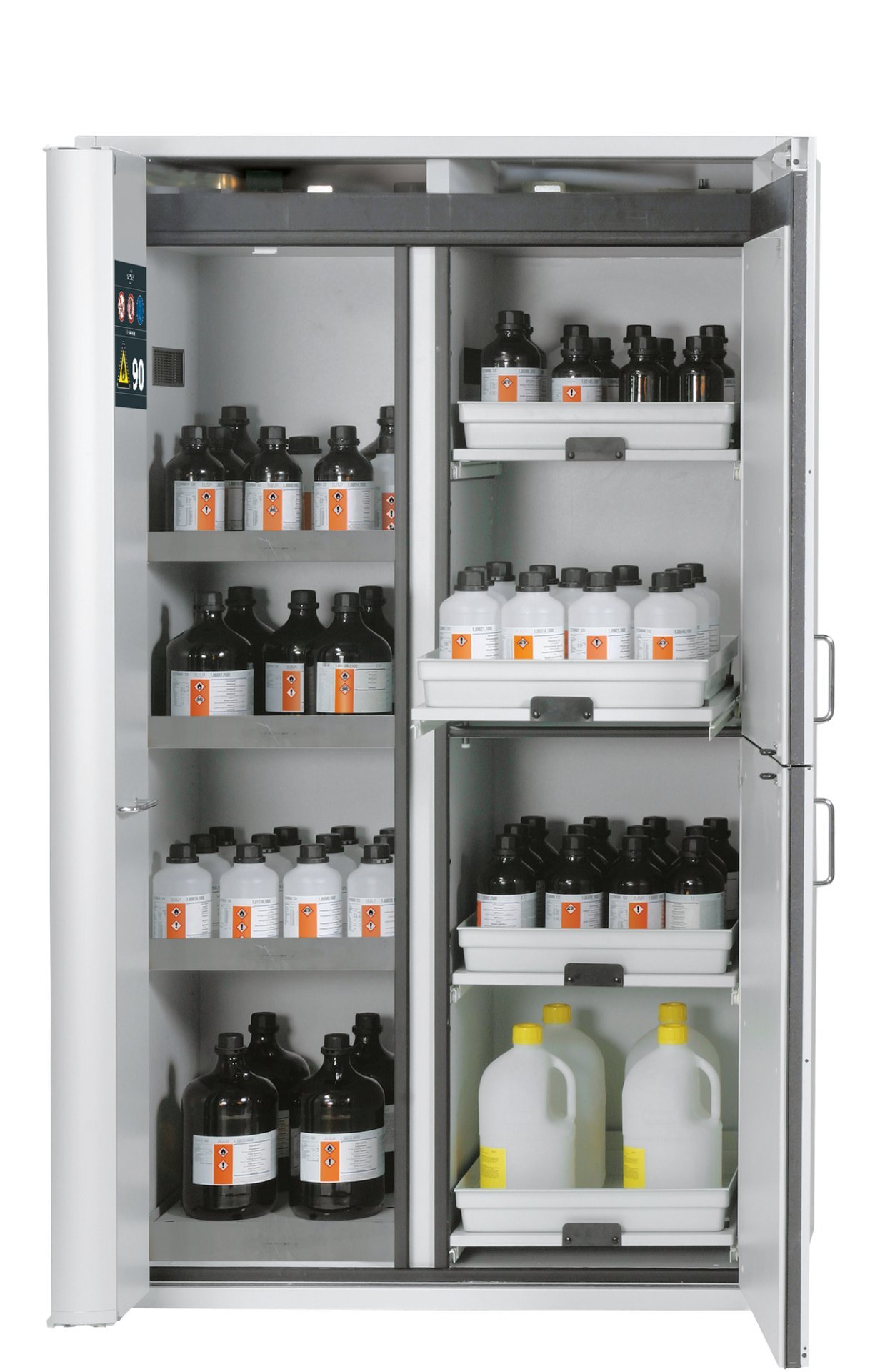 asecos Kombi-Sicherheitsschrank K90.196.120.MF.FWAC in Lichtgrau, Flügel- und Falttür, 3x Fachboden und Lochblech (Edelstahl), 4x Tablarauszug Produktbild img1 L