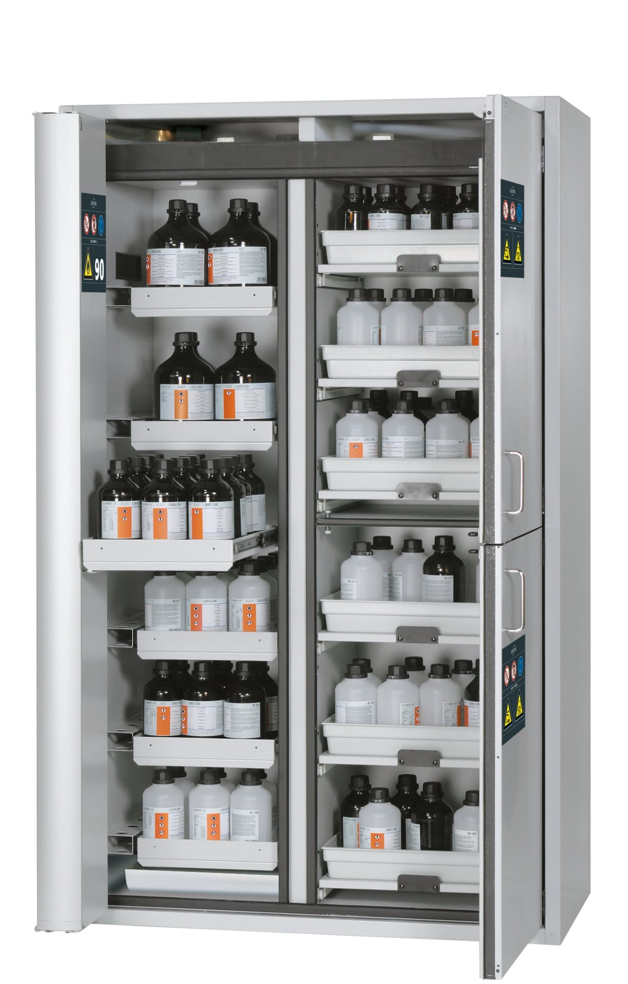 asecos Kombi-Sicherheitsschrank K90.196.120.MF.FWAC in Lichtgrau, Flügel- und Falttür, 6x Auszugswanne (Stahlblech), 6x Tablarauszug Produktbild img1 L