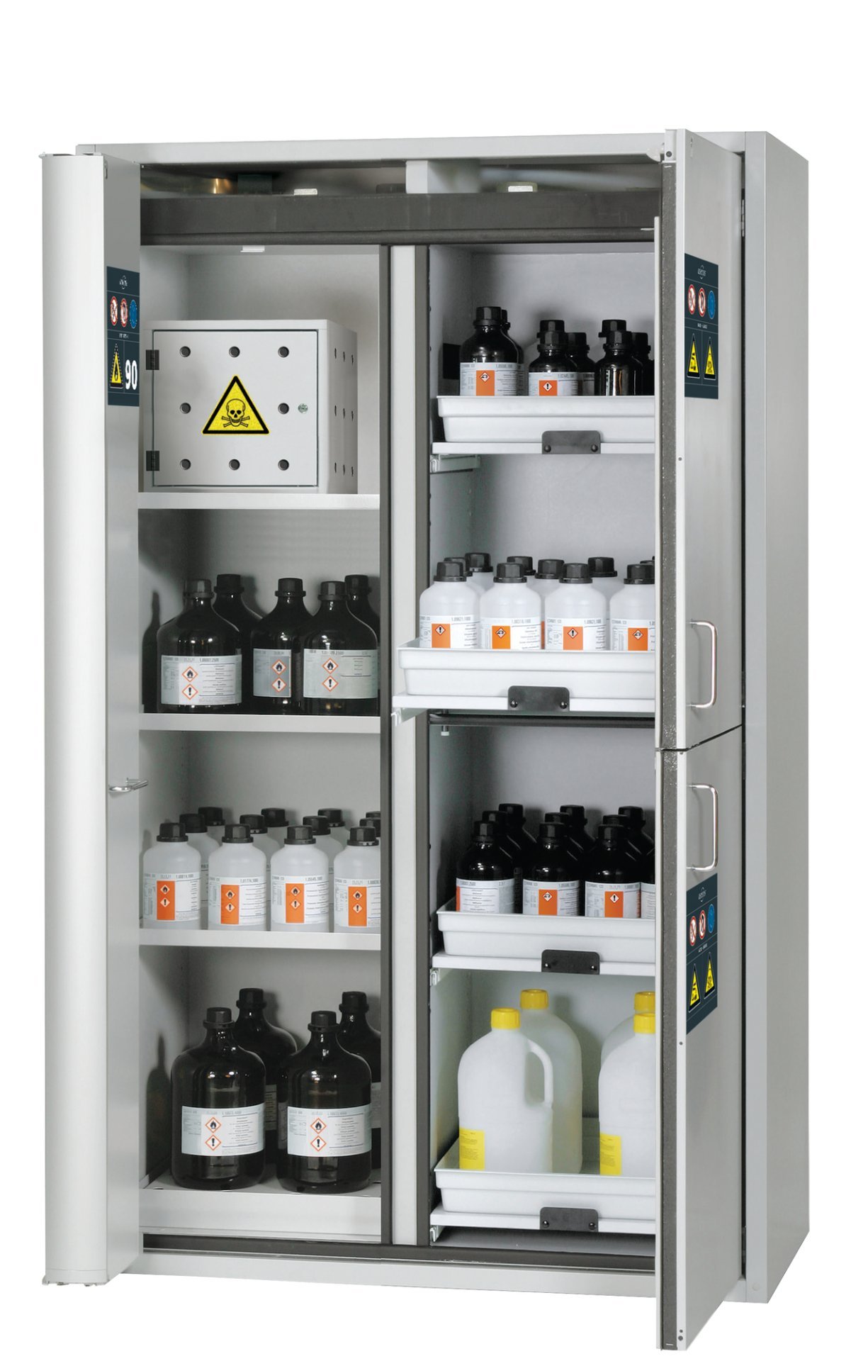 asecos Kombi-Sicherheitsschrank K90.196.120.MC.FWAC in Lichtgrau, Flügel- und Falttür, 1x Giftbox, 2x Fachboden und Lochblech (Stahlblech), 4x Tablarauszug Produktbild img1 L