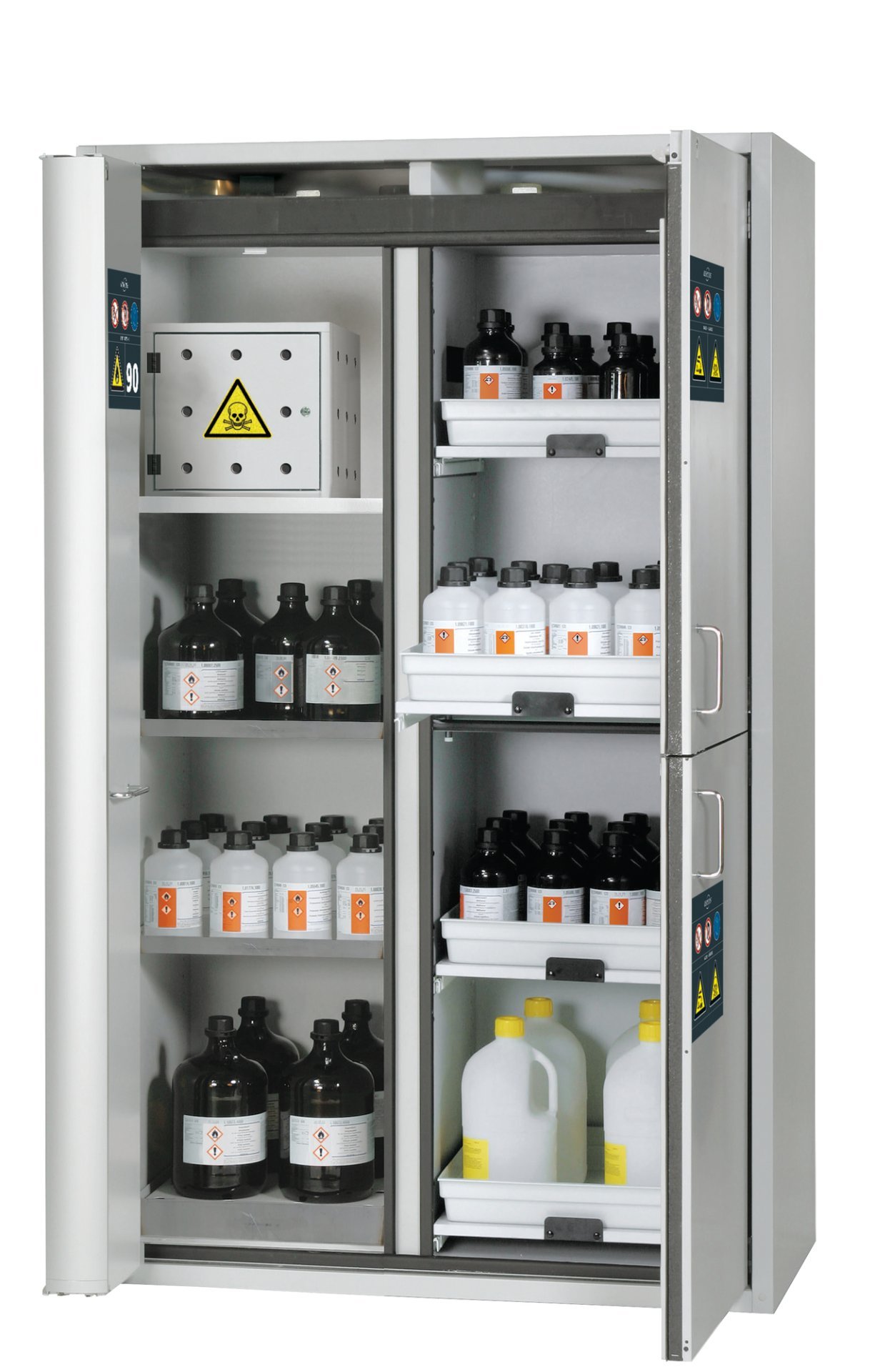 asecos Kombi-Sicherheitsschrank K90.196.120.MC.FWAC in Lichtgrau, Flügel- und Falttür, 1x Giftbox, 2x Fachboden und Lochblech (Edelstahl), 4x Tablarauszug Produktbild img1 L