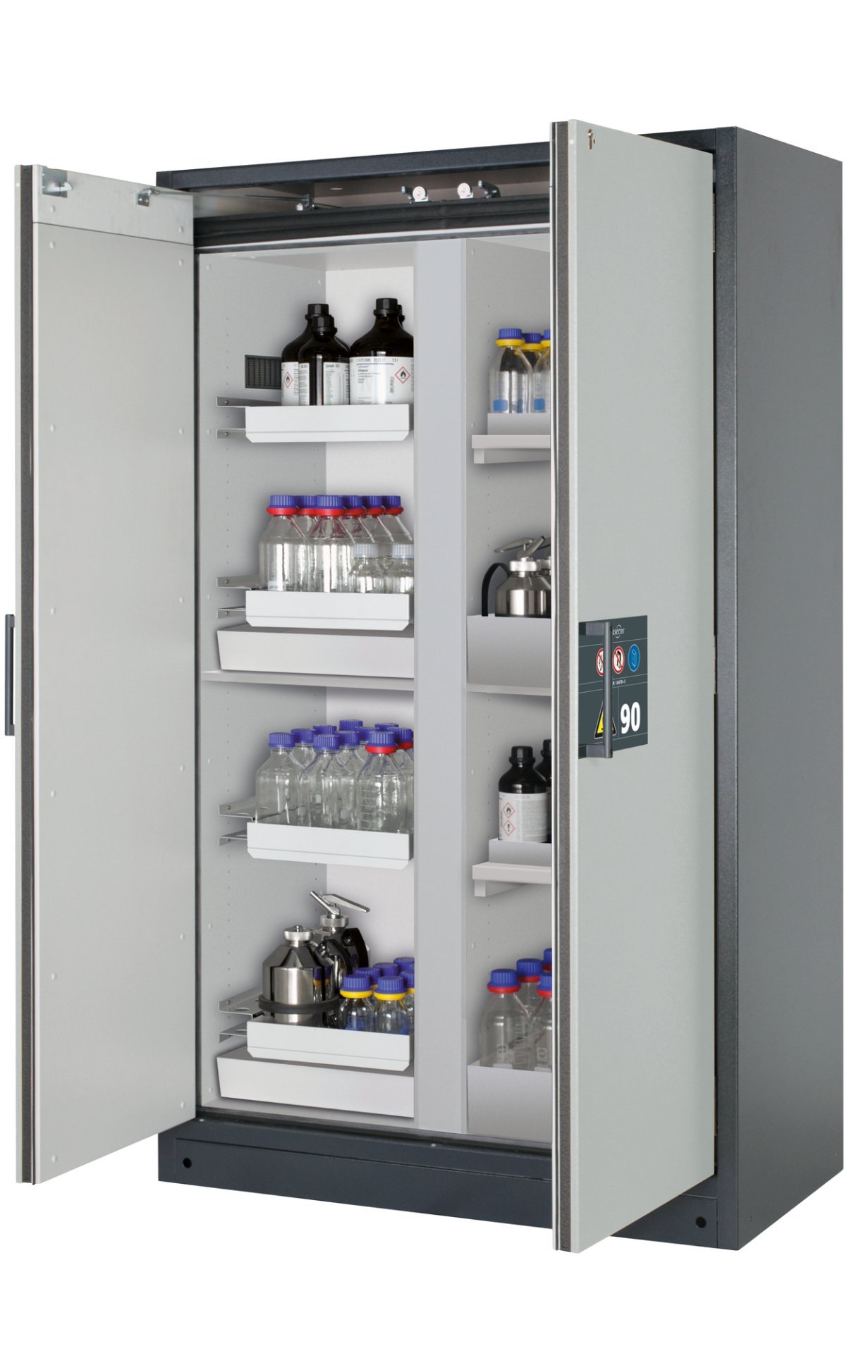 asecos Sicherheitsschrank Q90.195.120.MM in Anthrazitgrau, Flügeltüren in Lichtgrau, 4x Auszugswanne (Stahlblech), 2x Wannenboden (PP) Produktbild img1 L