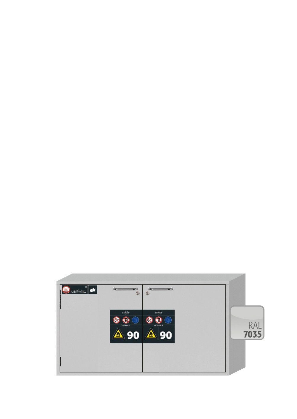 Sicherheitsunterbauschrank UB90.060.110.050.ST in Lichtgrau, Schublade und Flügeltür, 2x Lochblecheinsatz (Stahlblech) Produktbild img2 L
