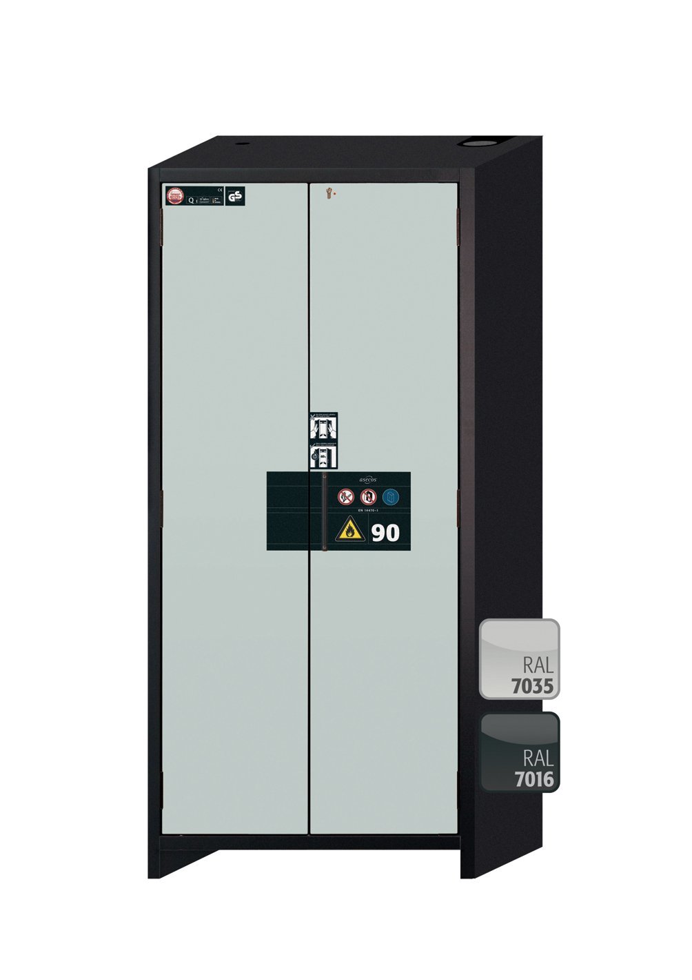 Sicherheitsschrank Q90.195.090.WDAC in Anthrazitgrau, Flügeltüren in Lichtgrau, 3x Fachboden (Edelstahl) Produktbild img2 L