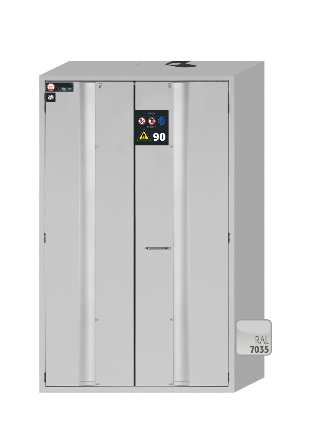 asecos Sicherheitsschrank S90.196.120.FDAC in Lichtgrau, Falttüren, 3x Fachboden und Lochblech (Stahlblech) Produktbild img2 L