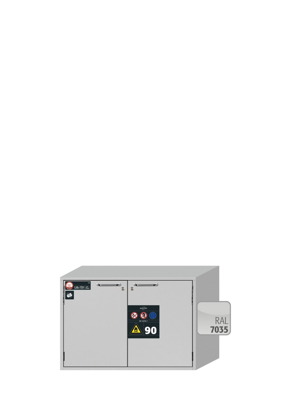 Sicherheitsunterbauschrank UB90.060.089.2T in Lichtgrau, Flügeltüren, 1x Lochblecheinsatz (Stahlblech) Produktbild img2 L