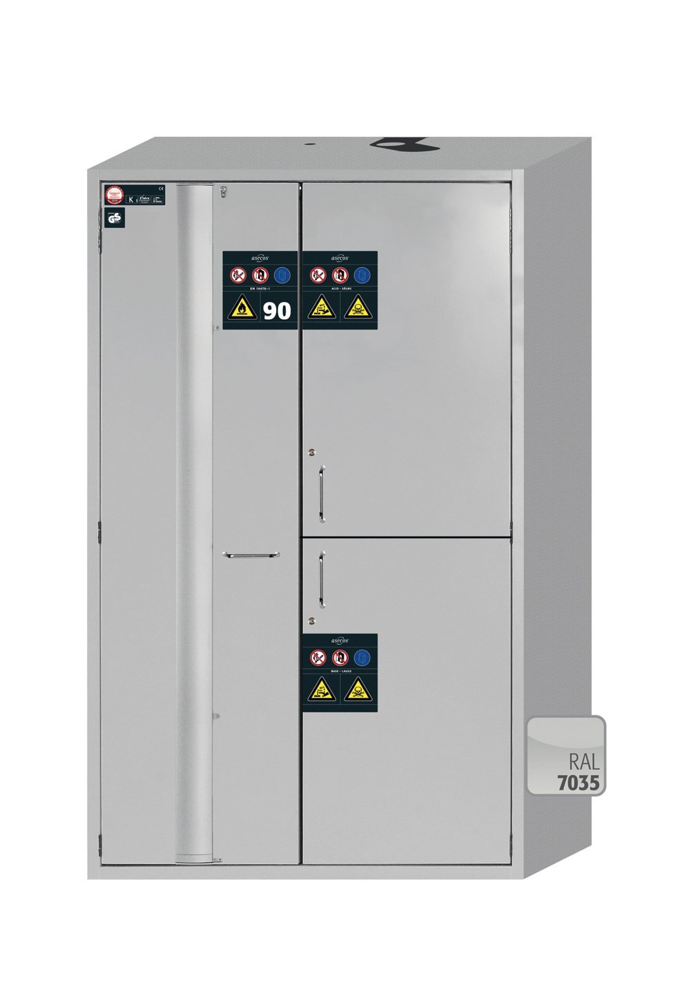 asecos Kombi-Sicherheitsschrank K90.196.120.MF.FWAC in Lichtgrau, Flügel- und Falttür, 3x Fachboden und Lochblech (Stahlblech), 4x Tablarauszug Produktbild img2 L