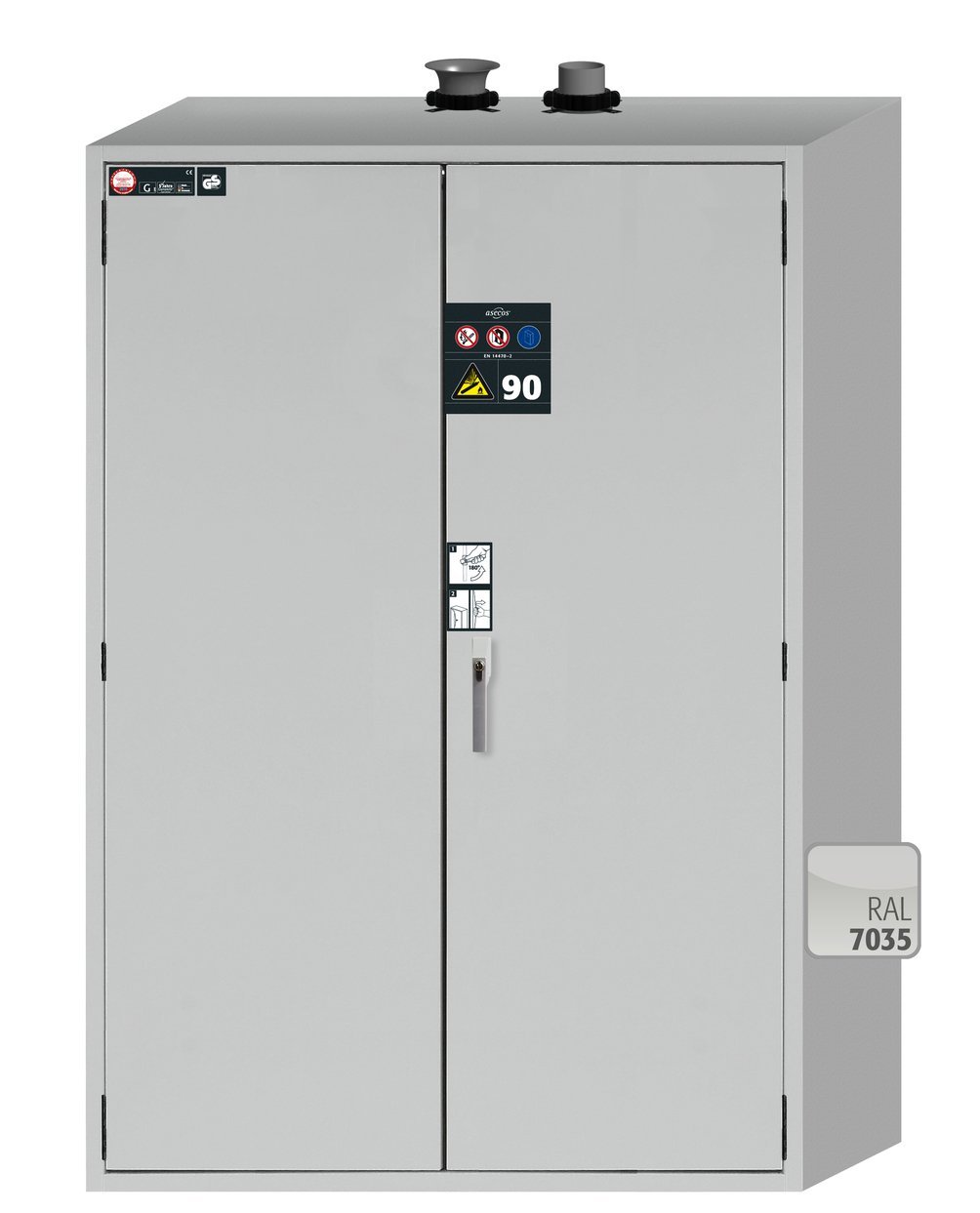 asecos Druckgasflaschenschrank G90.205.140 in Lichtgrau, Flügeltüren, 1x Standardinneneinrichtung Druckgasflaschen (Stahlblech) Produktbild img2 L