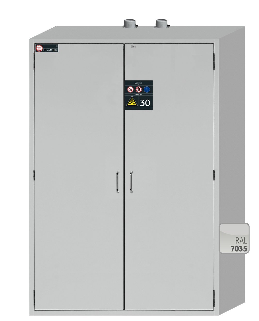 asecos Druckgasflaschenschrank G30.205.140 in Lichtgrau, Flügeltüren, 1x Standardinneneinrichtung Druckgasflaschen (Stahlblech) Produktbild img2 L