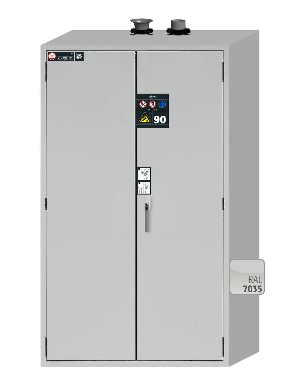asecos Druckgasflaschenschrank G90.205.120 in Lichtgrau, Flügeltüren, 1x Standardinneneinrichtung Druckgasflaschen (Stahlblech) Produktbild img2 L