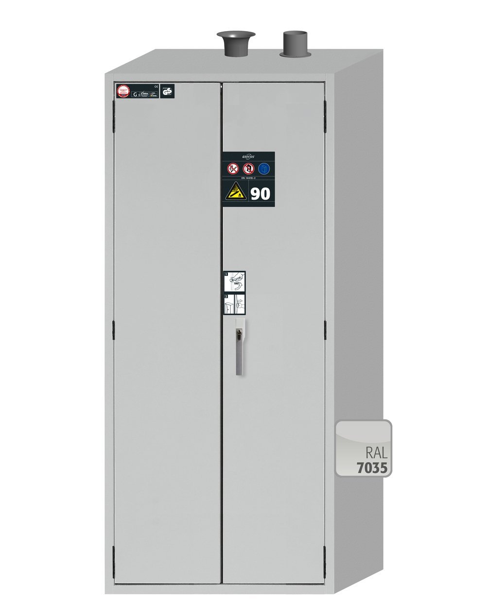 asecos Druckgasflaschenschrank G90.205.090 in Lichtgrau, Flügeltüren, 1x Standardinneneinrichtung Druckgasflaschen (Stahlblech) Produktbild img2 L