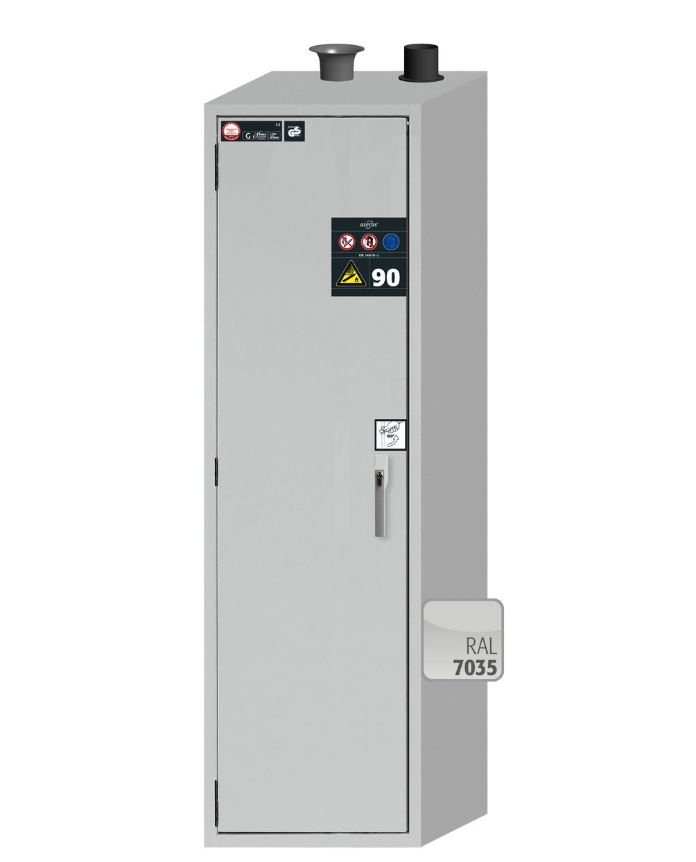 Druckgasflaschenschrank G90.205.060 in Lichtgrau, Flügeltür, 1x Standardinneneinrichtung Druckgasflaschen (Stahlblech) Produktbild img2 L