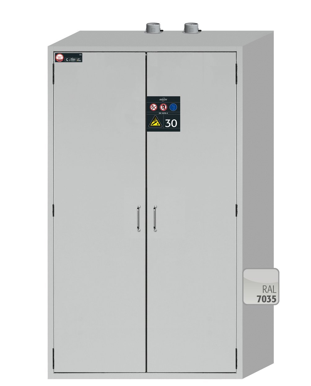 asecos Druckgasflaschenschrank G30.205.120 in Lichtgrau, Flügeltüren, 1x Standardinneneinrichtung Druckgasflaschen (Stahlblech) Produktbild img2 L
