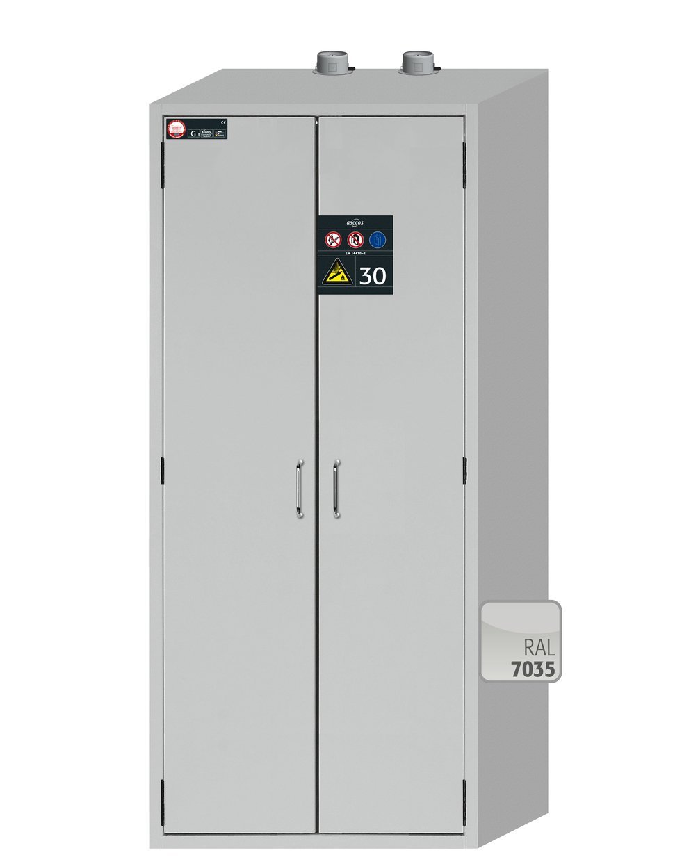 asecos Druckgasflaschenschrank G30.205.090 in Lichtgrau, Flügeltüren, 1x Standardinneneinrichtung Druckgasflaschen (Stahlblech) Produktbild img2 L