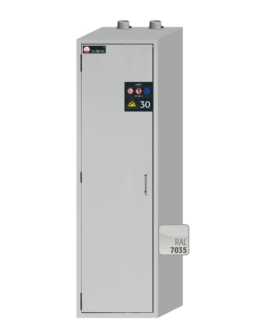asecos Druckgasflaschenschrank G30.205.060 in Lichtgrau, Flügeltür, 1x Standardinneneinrichtung Druckgasflaschen (Stahlblech) Produktbild img2 L