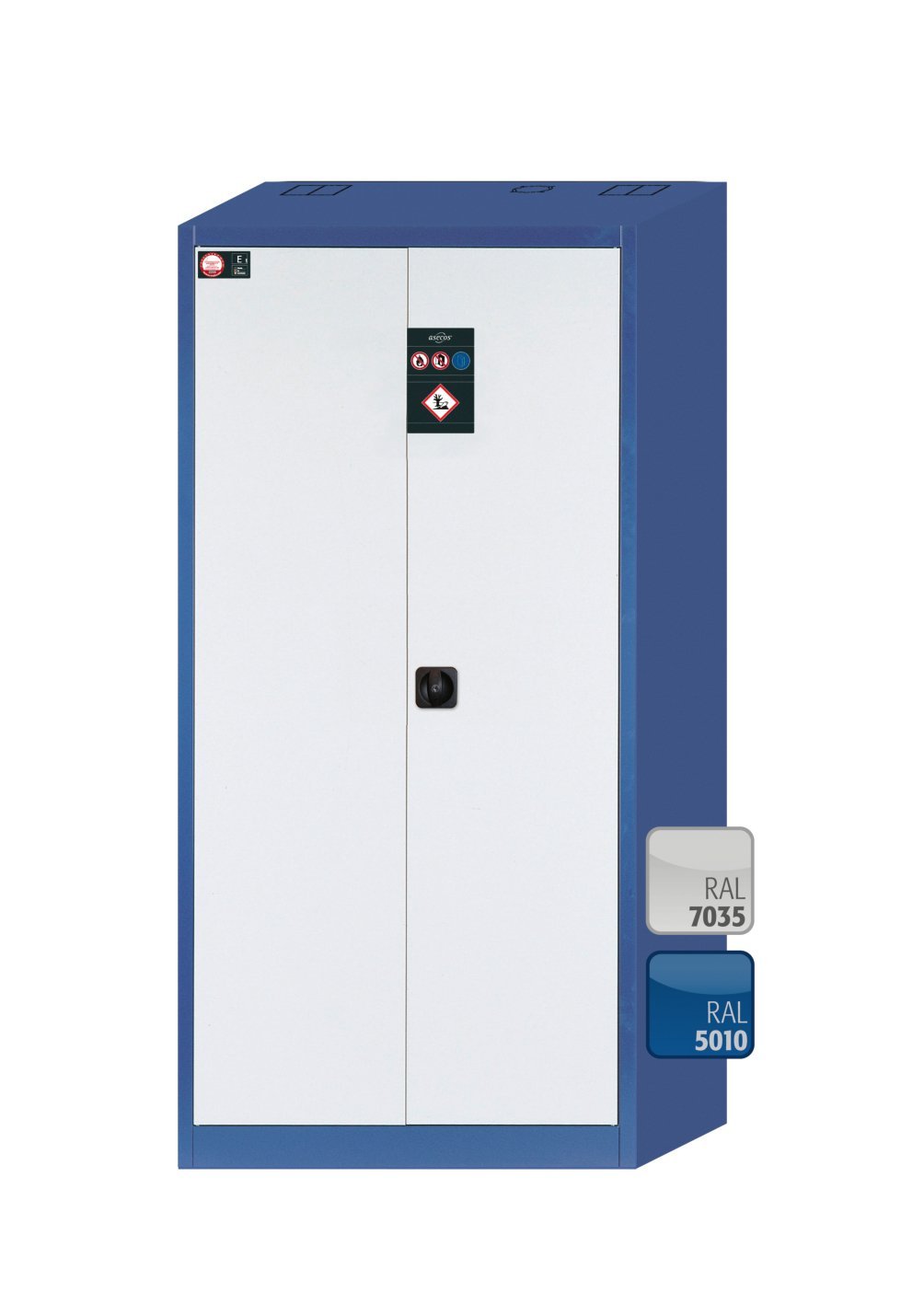 asecos Umweltschrank E.195.095 in Enzianblau, Flügeltüren in Lichtgrau, 3x Wannenboden (Stahlblech) Produktbild img2 L