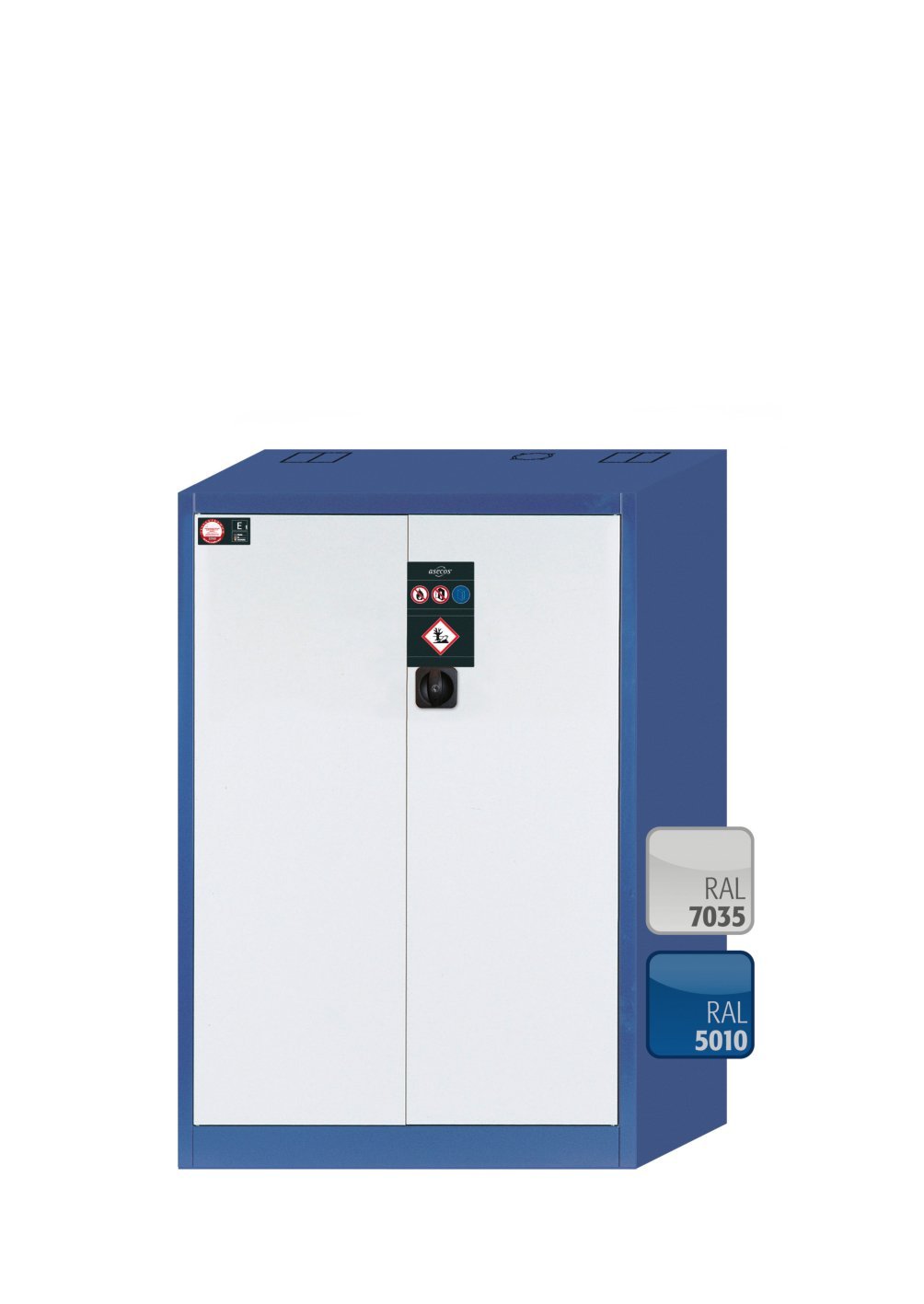 asecos Umweltschrank E.140.095 in Enzianblau, Flügeltüren in Lichtgrau, 2x Wannenboden (Stahlblech) Produktbild img2 L