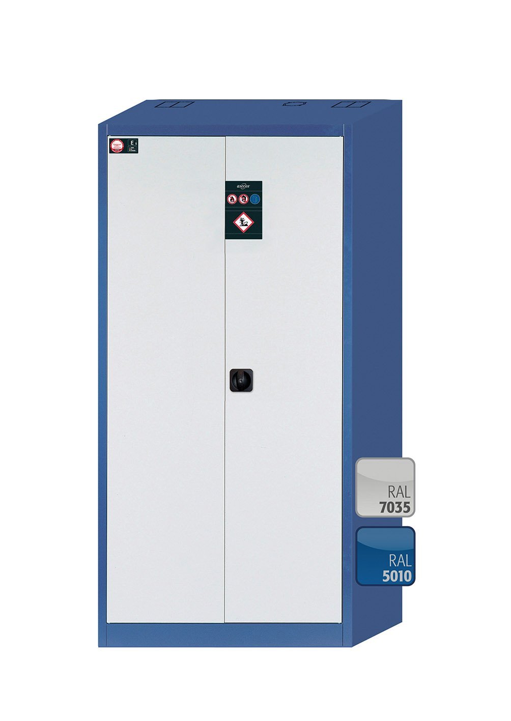 asecos Umweltschrank E.195.095.2 in Enzianblau, Flügeltüren in Lichtgrau, 3x Wannenboden (Stahlblech) Produktbild img2 L