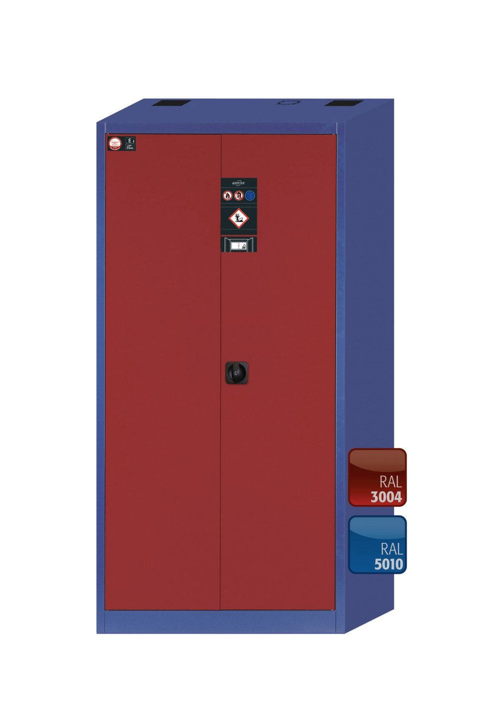 asecos Umweltschrank E.195.095.F2 in Enzianblau, Flügeltüren in Rubinrot, 2x Wannenboden (Stahlblech), Typ-30-Sicherheitsbox Produktbild img1 L