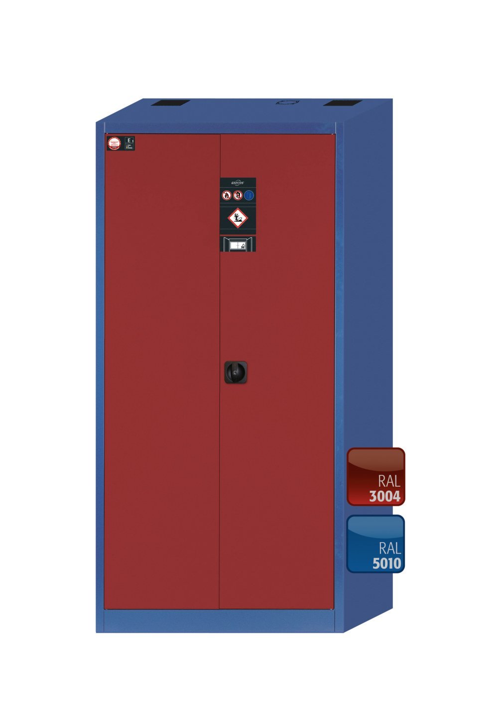 asecos Materialschrank EM.195.095.F in Enzianblau, Flügeltüren in Rubinrot, 4x Fachboden (Stahlblech), Typ-30-Sicherheitsbox Produktbild img2 L