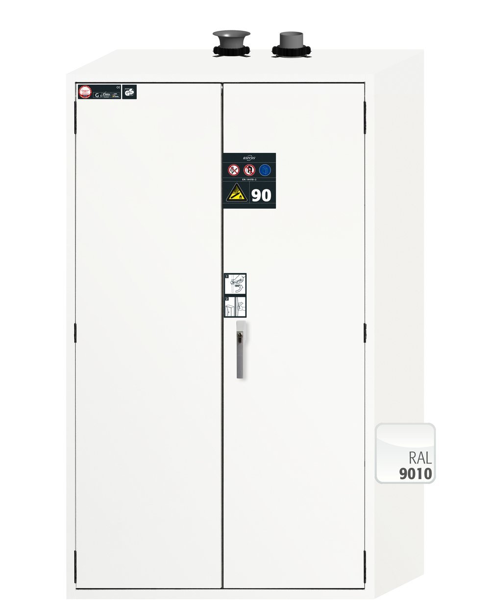asecos Druckgasflaschenschrank G90.205.120 in Laborweiß (ähnl. RAL 9016), Flügeltüren, 1x Standardinneneinrichtung Druckgasflaschen (Stahlblech) Produktbild img2 L