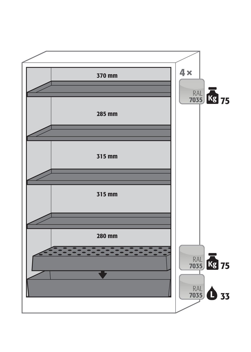 Umluftfilterschrank FX90.229.120.WDAC in Anthrazitgrau, Flügeltüren in Lichtgrau, 4x Fachboden und Lochblech (Stahlblech) Produktbild img2 L