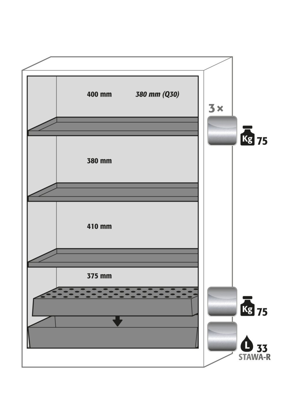 Umluftfilterschrank FX90.229.120.WDAC in Anthrazitgrau, Flügeltüren in Lichtgrau, 3x Fachboden und Lochblech (Edelstahl) Produktbild img2 L
