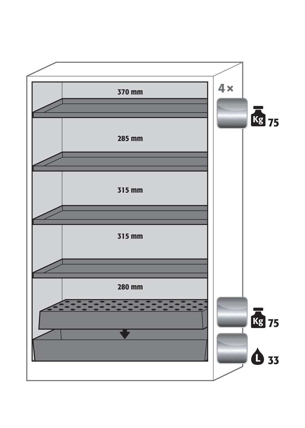Umluftfilterschrank FX90.229.120.WDAC in Anthrazitgrau, Flügeltüren in Lichtgrau, 4x Fachboden und Lochblech (Edelstahl) Produktbild img2 L