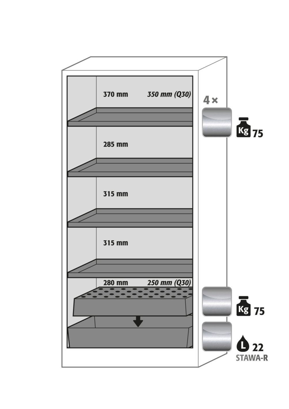 Umluftfilterschrank FX90.229.090.WDAC in Anthrazitgrau, Flügeltüren in Lichtgrau, 4x Fachboden und Lochblech (Edelstahl) Produktbild img2 L