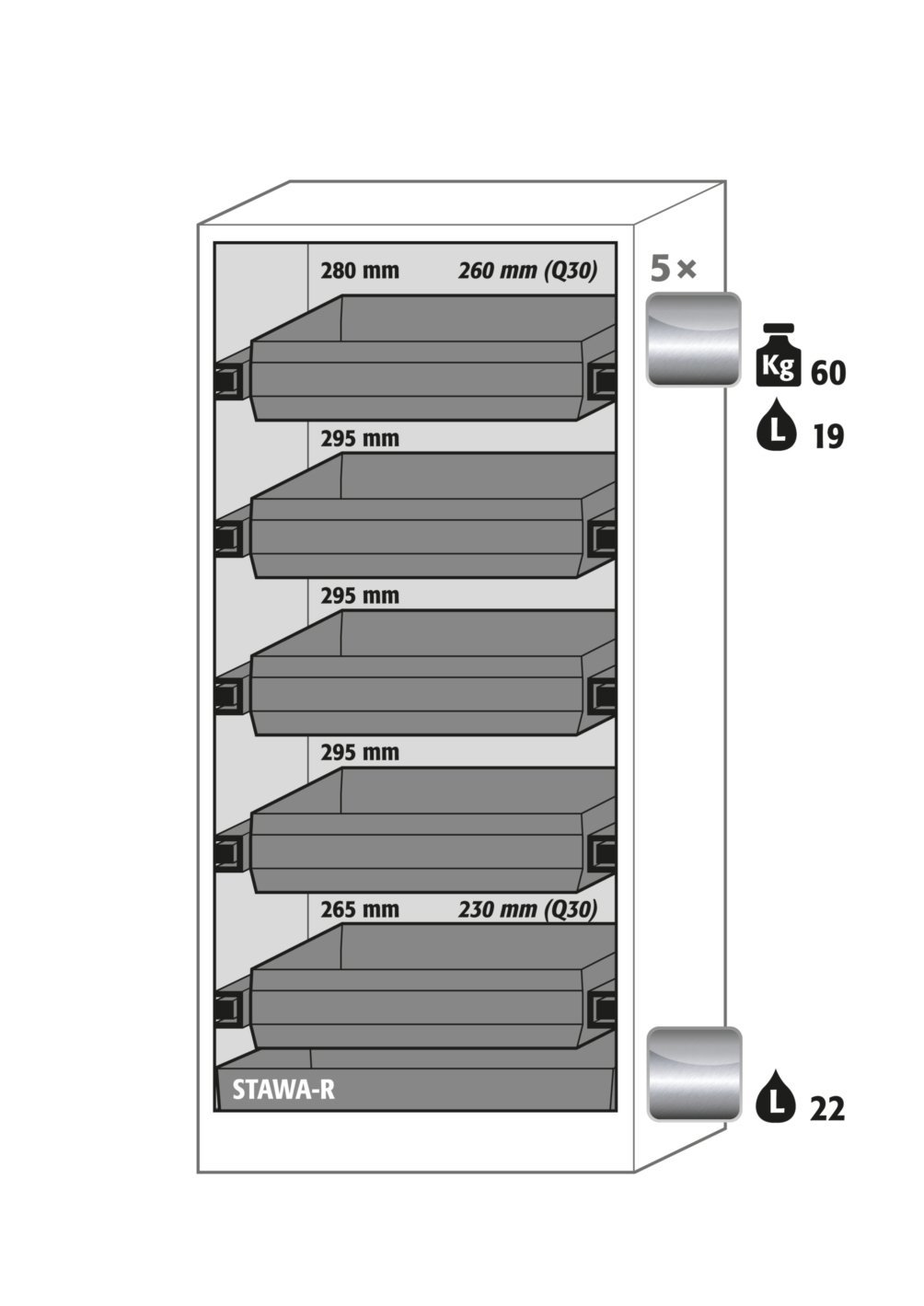 Umluftfilterschrank FX90.229.090.WDAC in Anthrazitgrau, Flügeltüren in Lichtgrau, 5x Auszugswanne (Edelstahl) Produktbild img2 L
