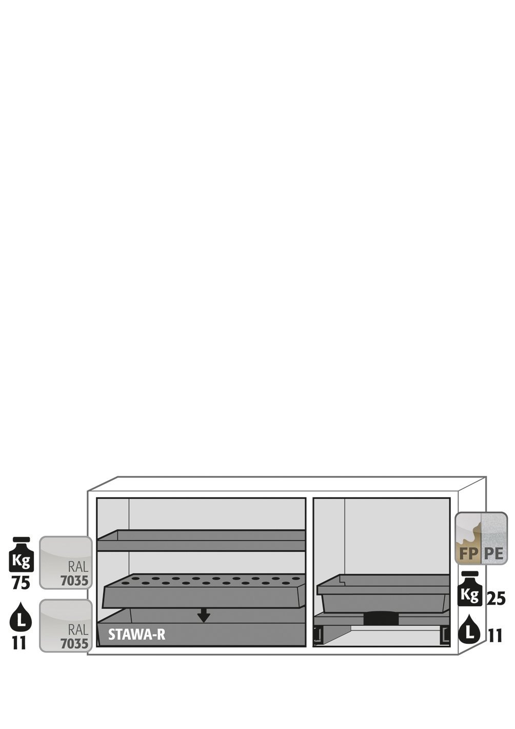 asecos Kombi-Sicherheitsschrank K90.060.140.050.UB.3T in Lichtgrau, Flügeltüren, 1x Fachboden und Lochblech (Stahlblech), 1x Tablarauszug Produktbild img2 L