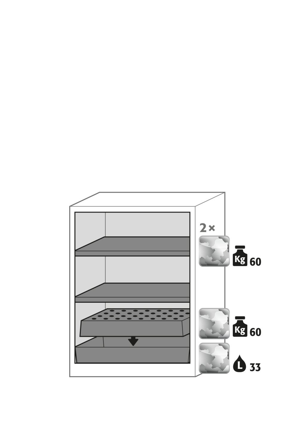 Chemikalienschrank CS.110.081 in Anthrazitgrau, Flügeltüren in Lichtgrau, 2x Fachboden und Lochblech (Stahlblech) Produktbild img3 L