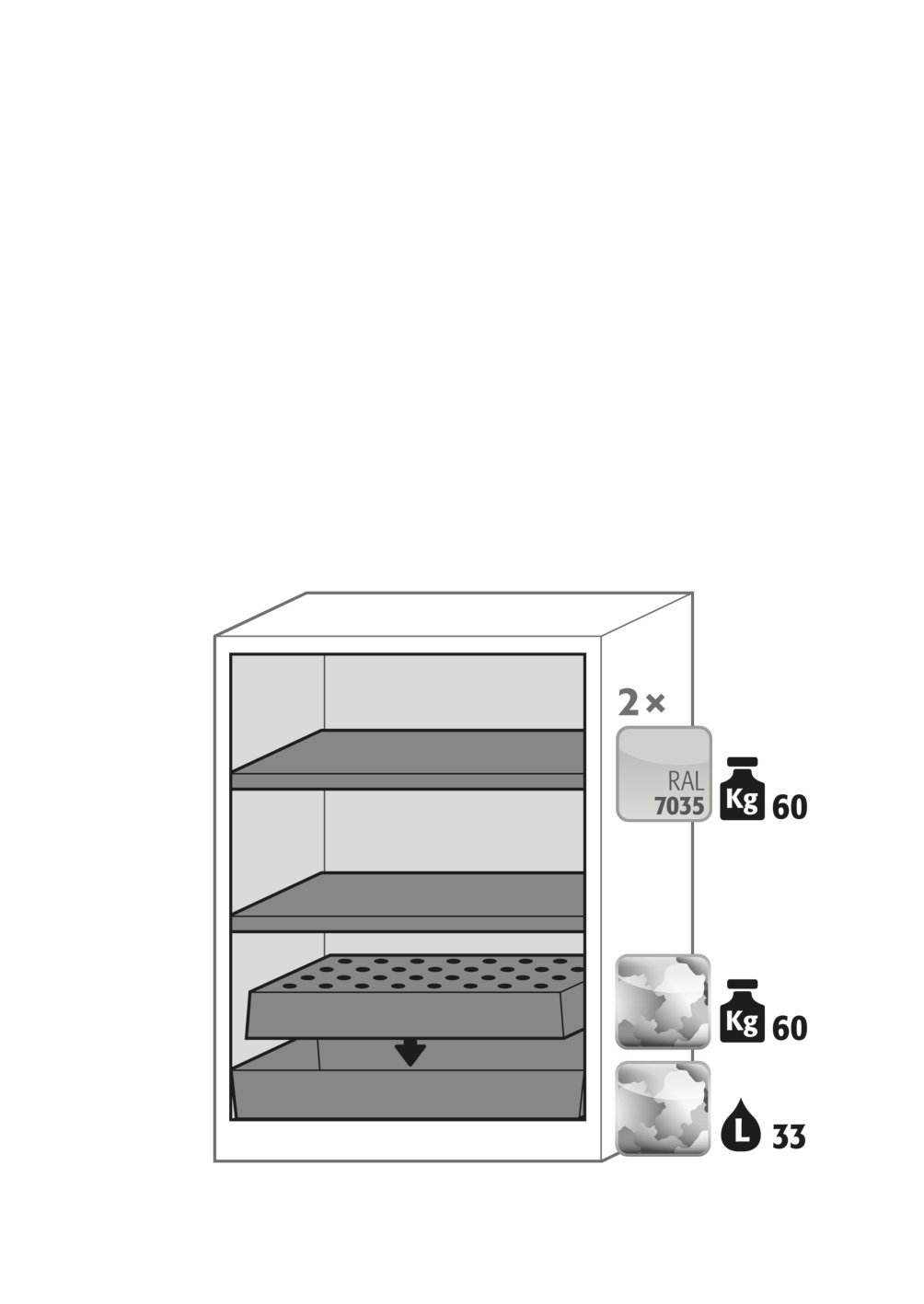 Chemikalienschrank CS.110.081 in Anthrazitgrau, Flügeltüren in Lichtgrau, 2x Fachboden und Lochblech (Stahlblech) Produktbild img3 L