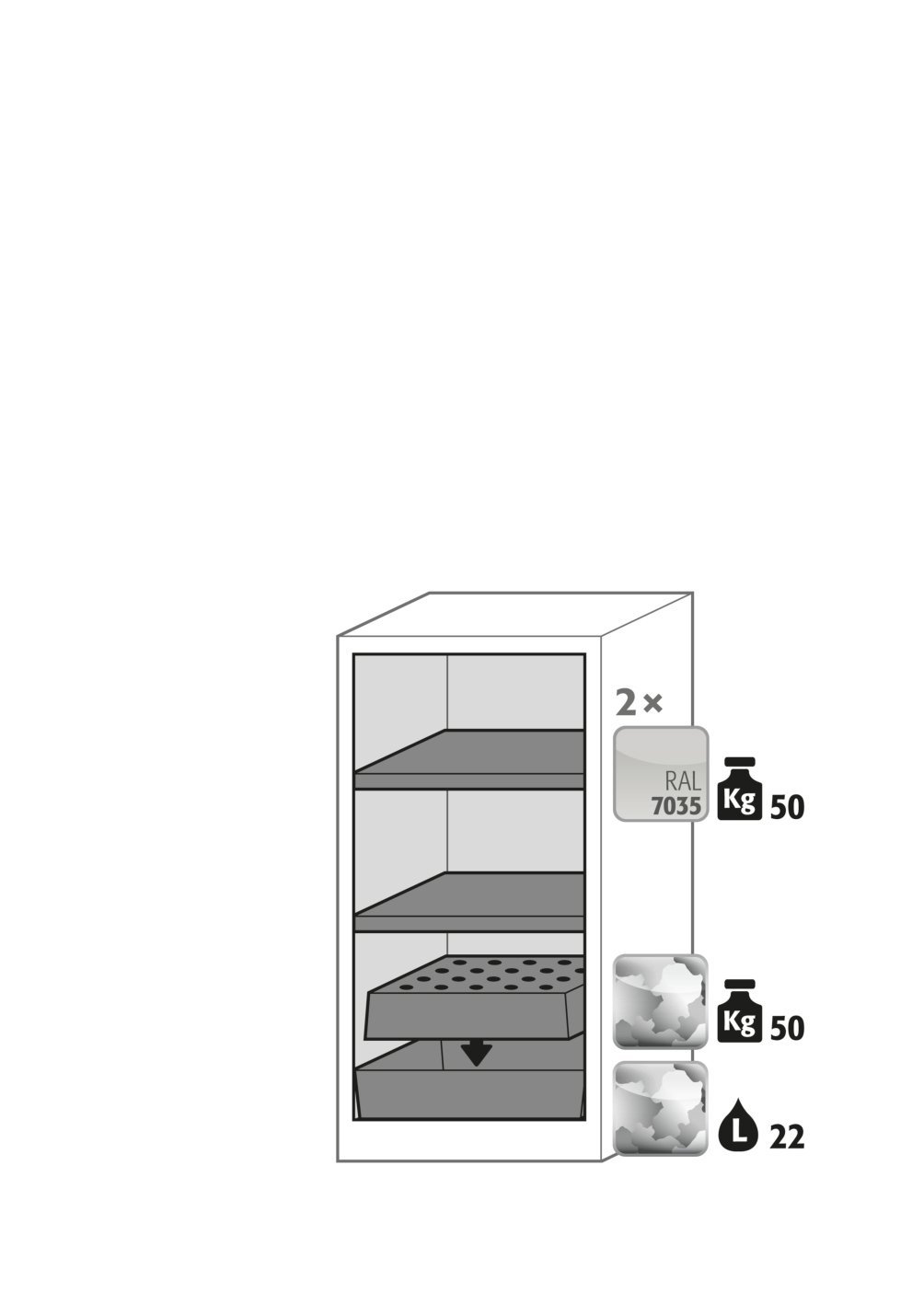 Chemikalienschrank CS.110.054.WDFWR in Anthrazitgrau, Flügeltür in Lichtgrau, 2x Fachboden und Lochblech (Stahlblech) Produktbild img2 L