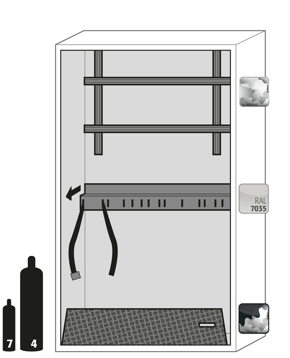 asecos Druckgasflaschenschrank G90.205.120 in Lichtgrau, Flügeltüren, 1x Standardinneneinrichtung Druckgasflaschen (Stahlblech) Produktbild img3 L