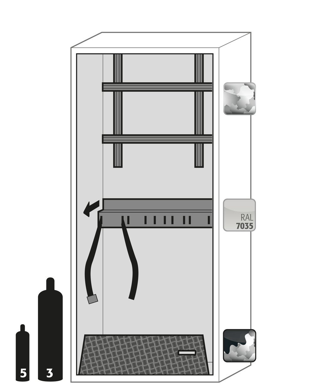asecos Druckgasflaschenschrank G90.205.090 in Lichtgrau, Flügeltüren, 1x Standardinneneinrichtung Druckgasflaschen (Stahlblech) Produktbild img3 L